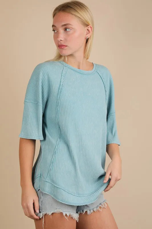 VERY J Mineral Washed Ribbed Knit Casual Top - Brittney MADE