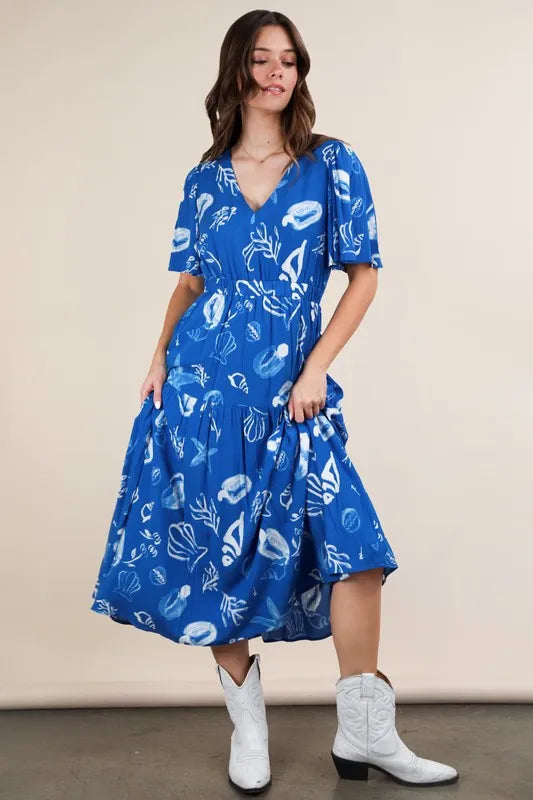 VERY J Printed V-Neck Resort Midi Dress - Brittney MADE