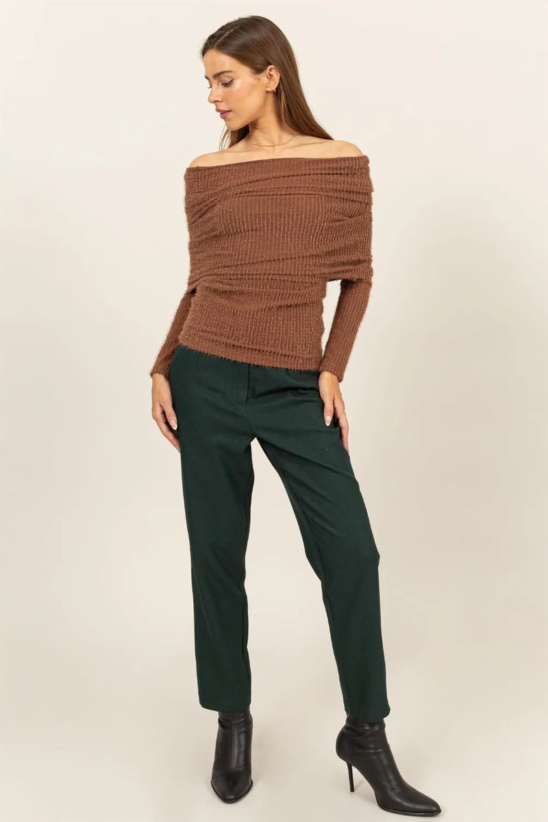 HYFVE Fuzzy Off Shoulder Textured Knit Top - Brittney MADE