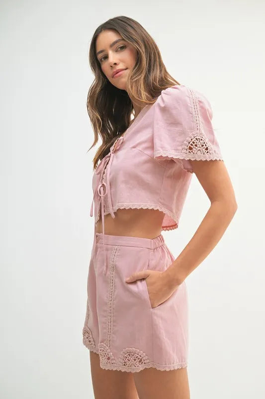 MABLE Crochet Lace Detail Crop Top and Shorts Set - Brittney MADE
