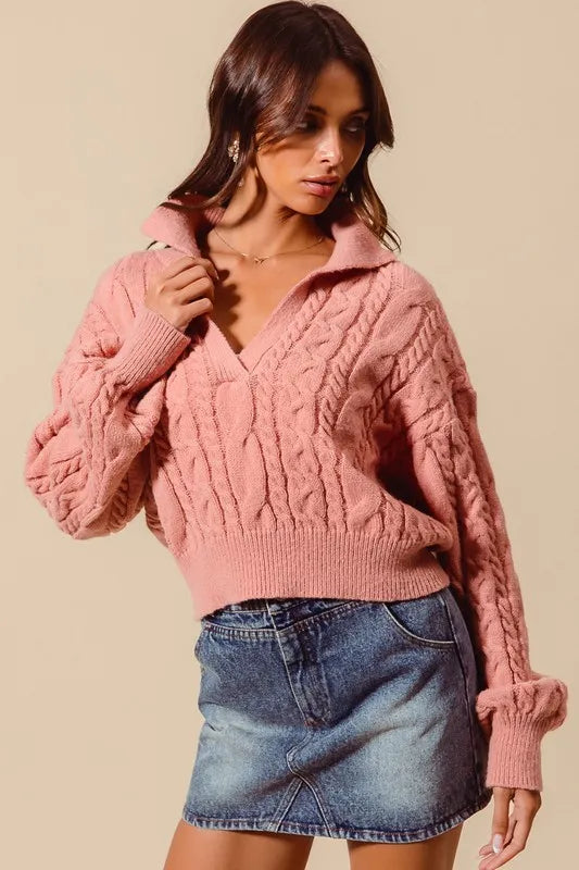 SO ME Cable Knit Deep V Neck Crop Swetaer Top - Brittney MADE