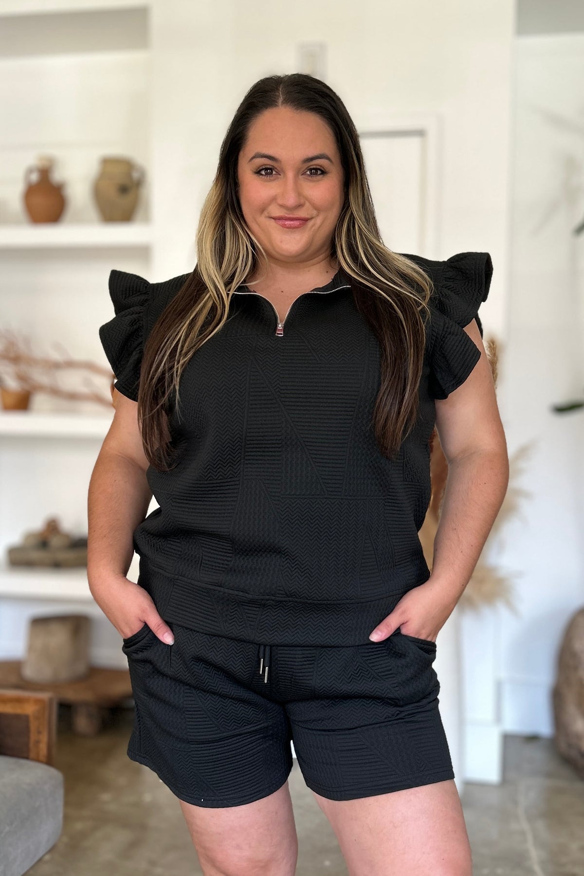 Double Take Full Size Texture Flounce Sleeve Top and Shorts Set - Brittney MADE