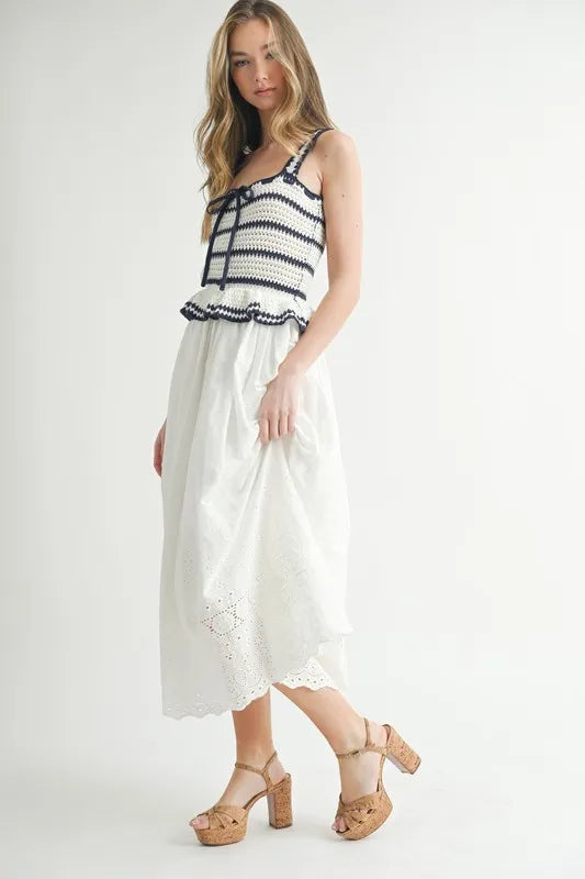 MABLE Crochet Stripe Knit Eyelet Mix Midi Dress - Brittney MADE