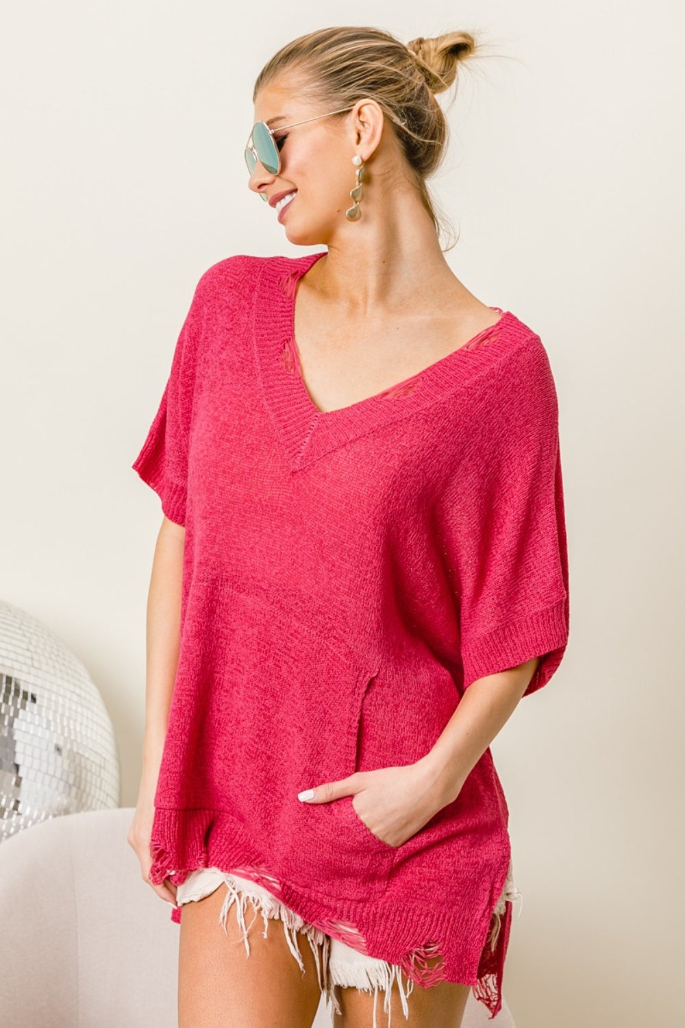 BiBi Distressed Hem V-Neck Slit Sweater - Brittney MADE