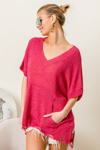 BiBi Distressed Hem V-Neck Slit Sweater - Brittney MADE