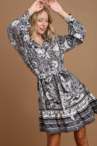 Umgee Full Size Two Tone Floral Border Print Tie Waist Mini Dress Plus Size - Brittney MADE