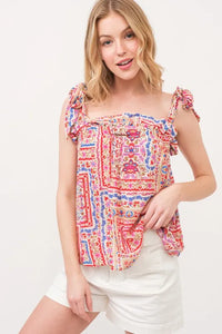And The Why Ruffled Neck Tied Strap Boho Printed Swing Top - Brittney MADE