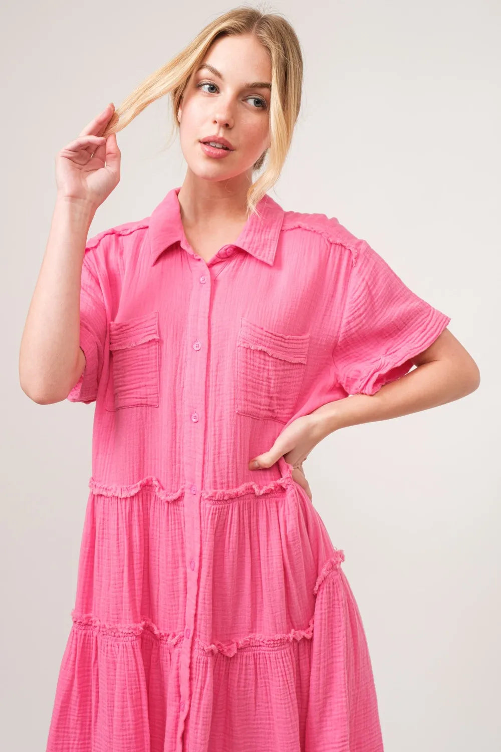 And The Why Full Size Raw Edge Washed Tiered Shirt Dress - Brittney MADE