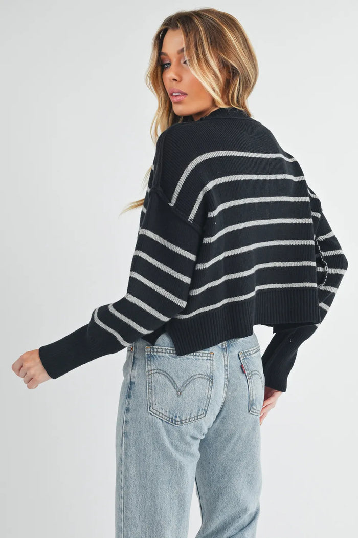 Aemi + Co Side Slit Striped Round Neck Knit Top - Brittney MADE