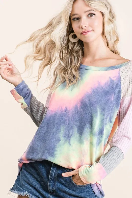 BiBi Tie Dye Terry Top With Color Block Pointelle Knit - Brittney MADE