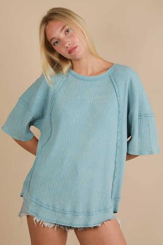 VERY J Mineral Washed Ribbed Knit Casual Top - Brittney MADE