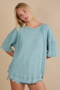 VERY J Mineral Washed Ribbed Knit Casual Top - Brittney MADE