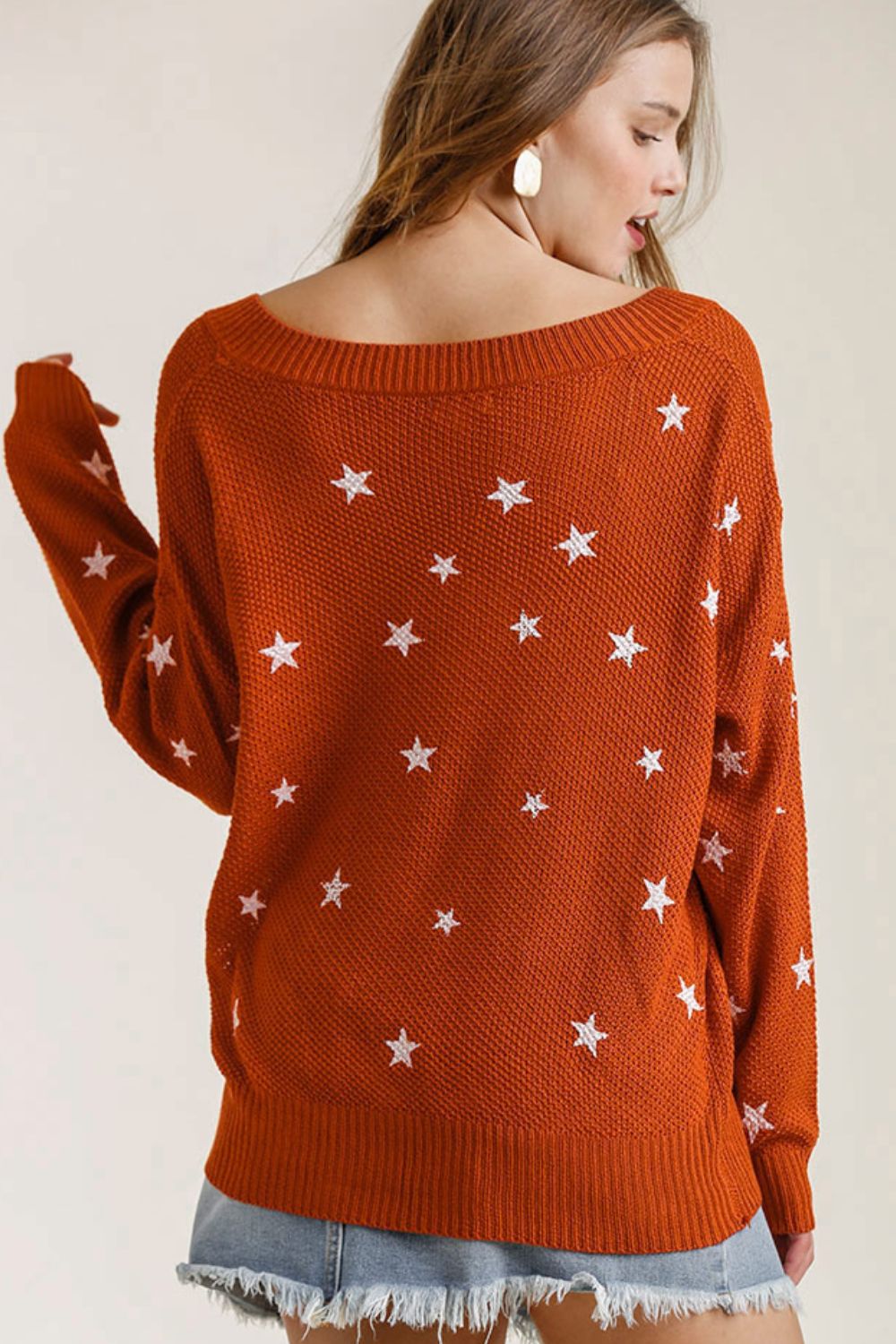 Umgee Full Size Star V-Neck Long Sleeve Sweater Plus Size - Brittney MADE