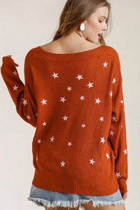 Umgee Full Size Star V-Neck Long Sleeve Sweater Plus Size - Brittney MADE