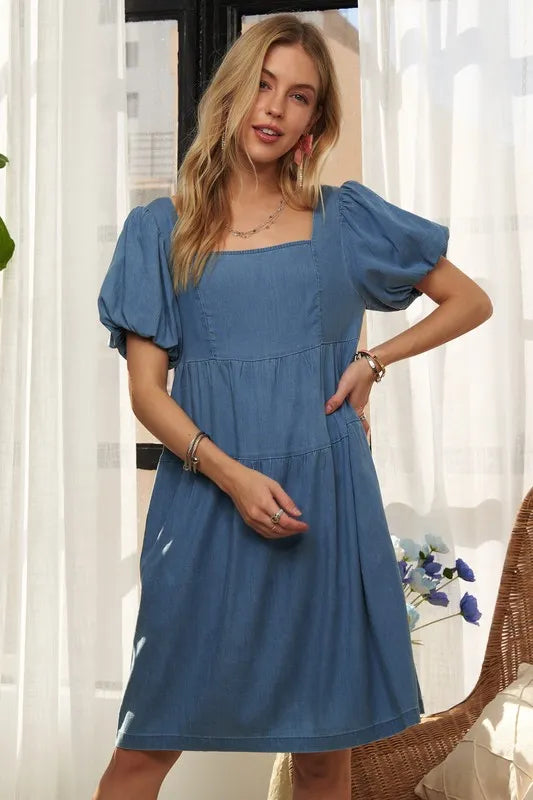 ADORA Square Neck Puff Sleeve Denim Dress - Brittney MADE