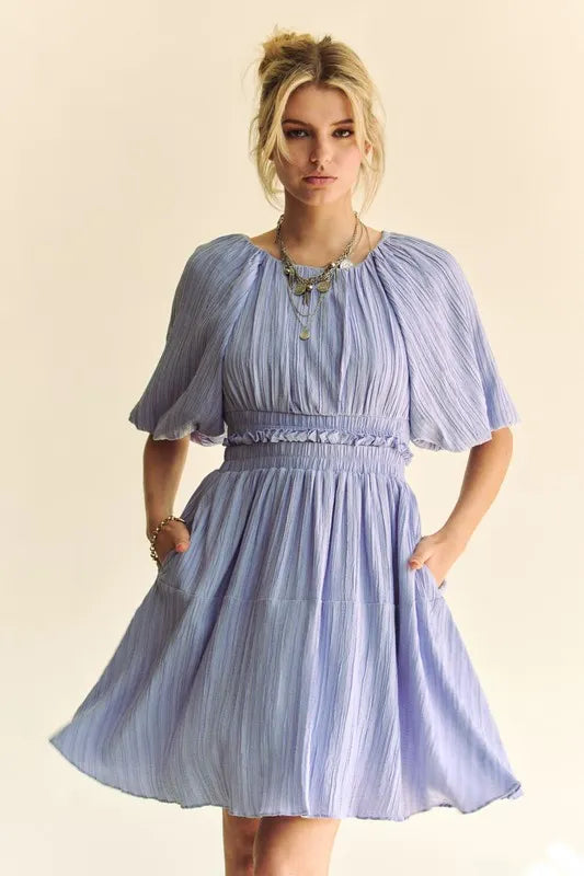Davi & Dani Back Button Puff Sleeve Mini Dress - Brittney MADE
