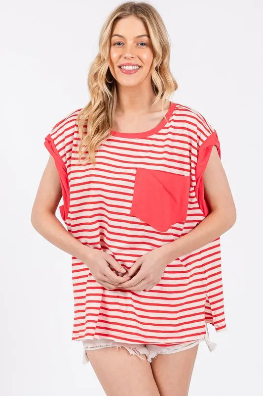 Ces Femme Side Slit Striped Cap Sleeve T-Shirt - Brittney MADE