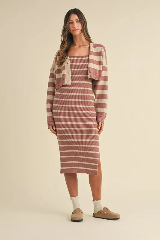 MABLE Stripe Crop Cardigan and Bodycon Dress Sweater Set - Brittney MADE