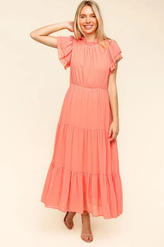 Haptics Full Size Tiered Frill Mock Neck Short Sleeve Dress - Brittney MADE