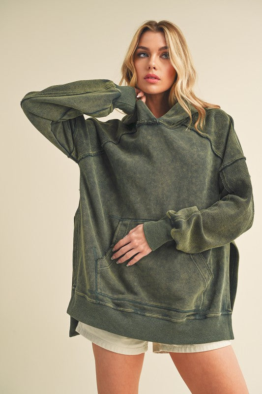 Aemi + Co Exposed Seam Side Slit Hoodie with Kangaroo Pocket - Brittney MADE