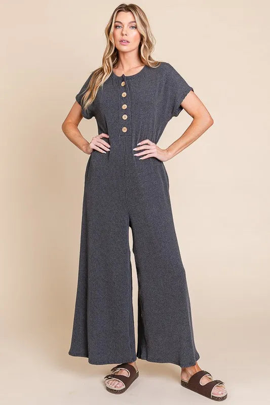 BOMBOM Rib Knit Jumpsuit with Button Detail - Brittney MADE
