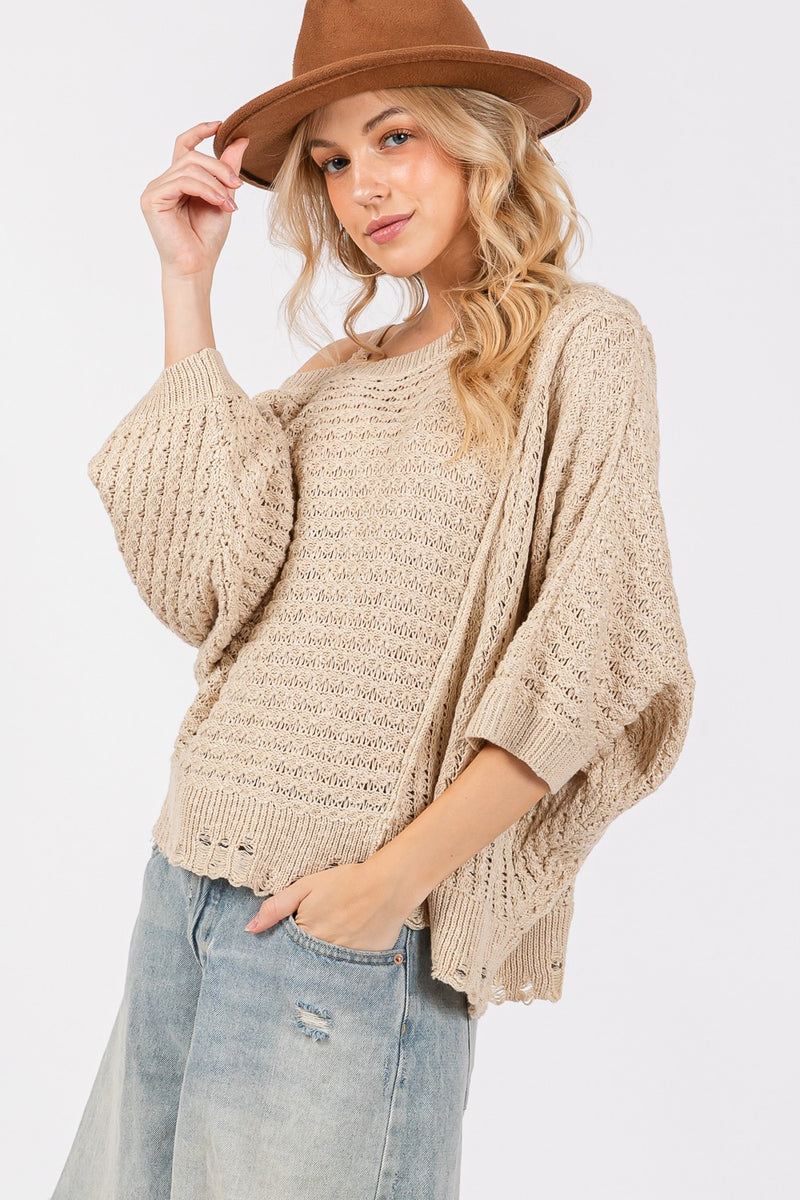SAGE + FIG Distressed Asymmetrical Open Stitch Sweater - Brittney MADE