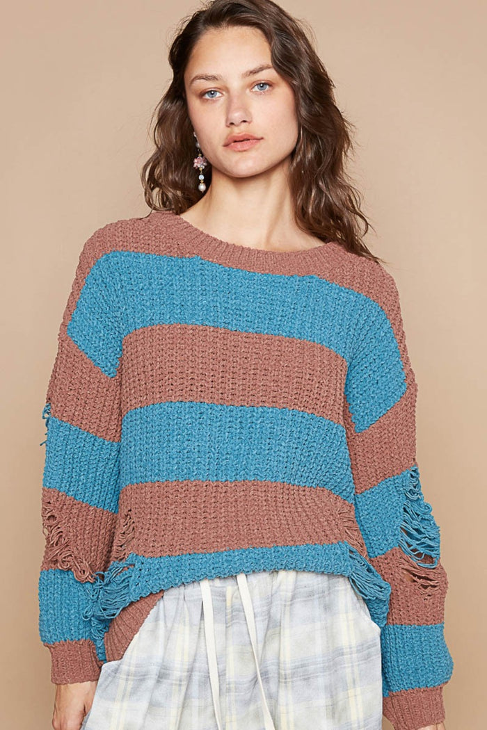 POL Striped Distressed Long Sleeve Sweater - Brittney MADE