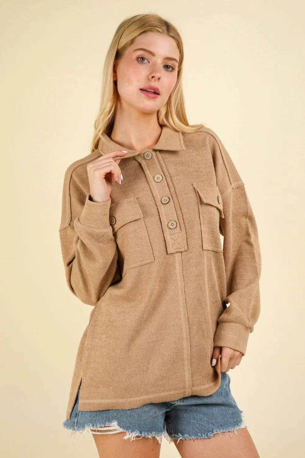 VERY J Collared Half Button Knit Top with Pockets - Brittney MADE