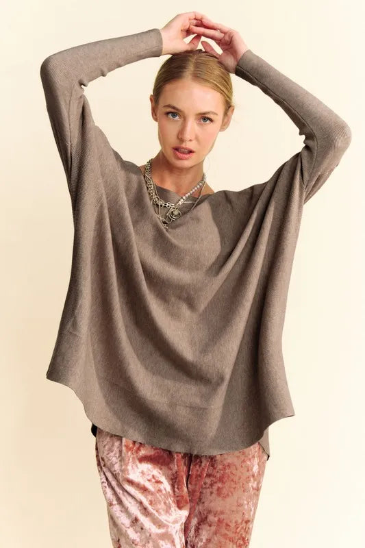 Davi & Dani Round Neck Dropped Shoulder Long Sleeve Knit Top - Brittney MADE