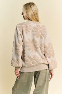 Davi & Dani Flower Texture Round Neck Dropped Shoulder Sweater - Brittney MADE