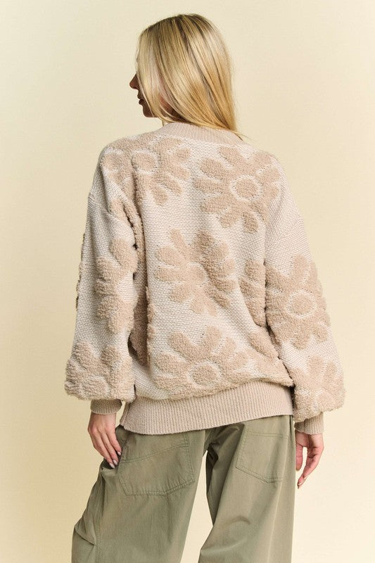 Davi & Dani Flower Texture Round Neck Dropped Shoulder Sweater - Brittney MADE