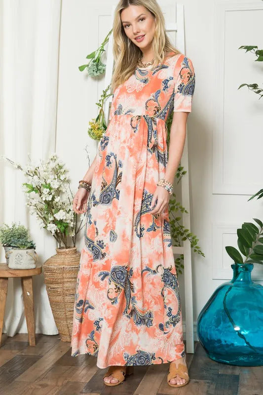 Celeste Paisley Print Short Sleeve Maxi Dress with Pockets - Brittney MADE