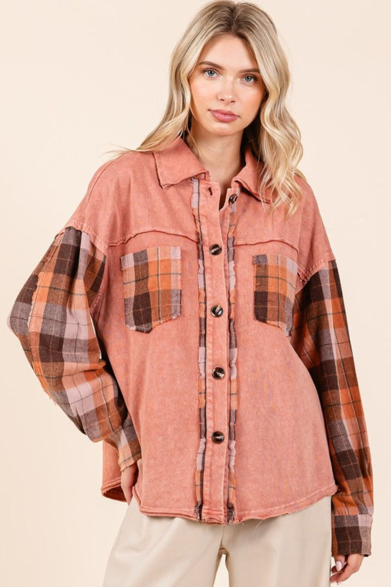 Mittoshop Button Down Contrast Plaid Patchwork Shacket - Brittney MADE