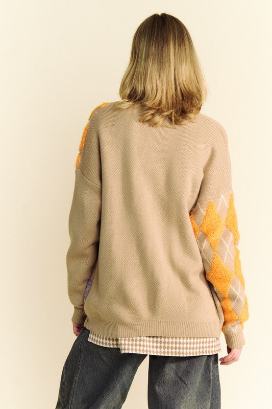 Davi & Dani Argyle V-Neck Dropped Shoulder Cardigan - Brittney MADE