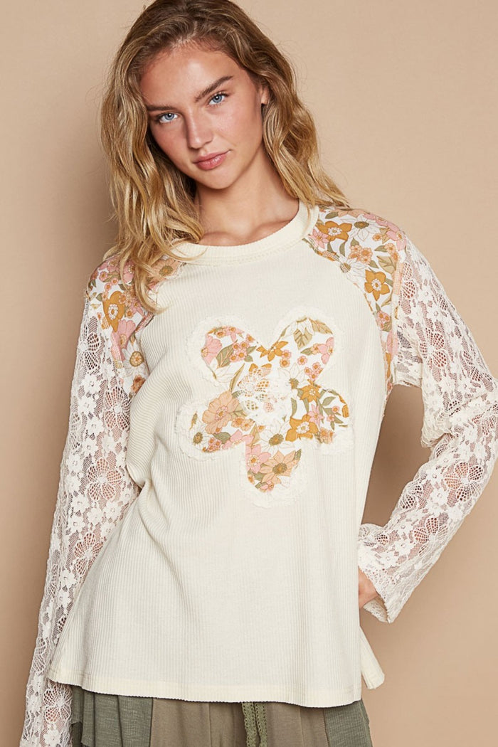 POL Flower Patch Lace Sleeve Knit Top - Brittney MADE