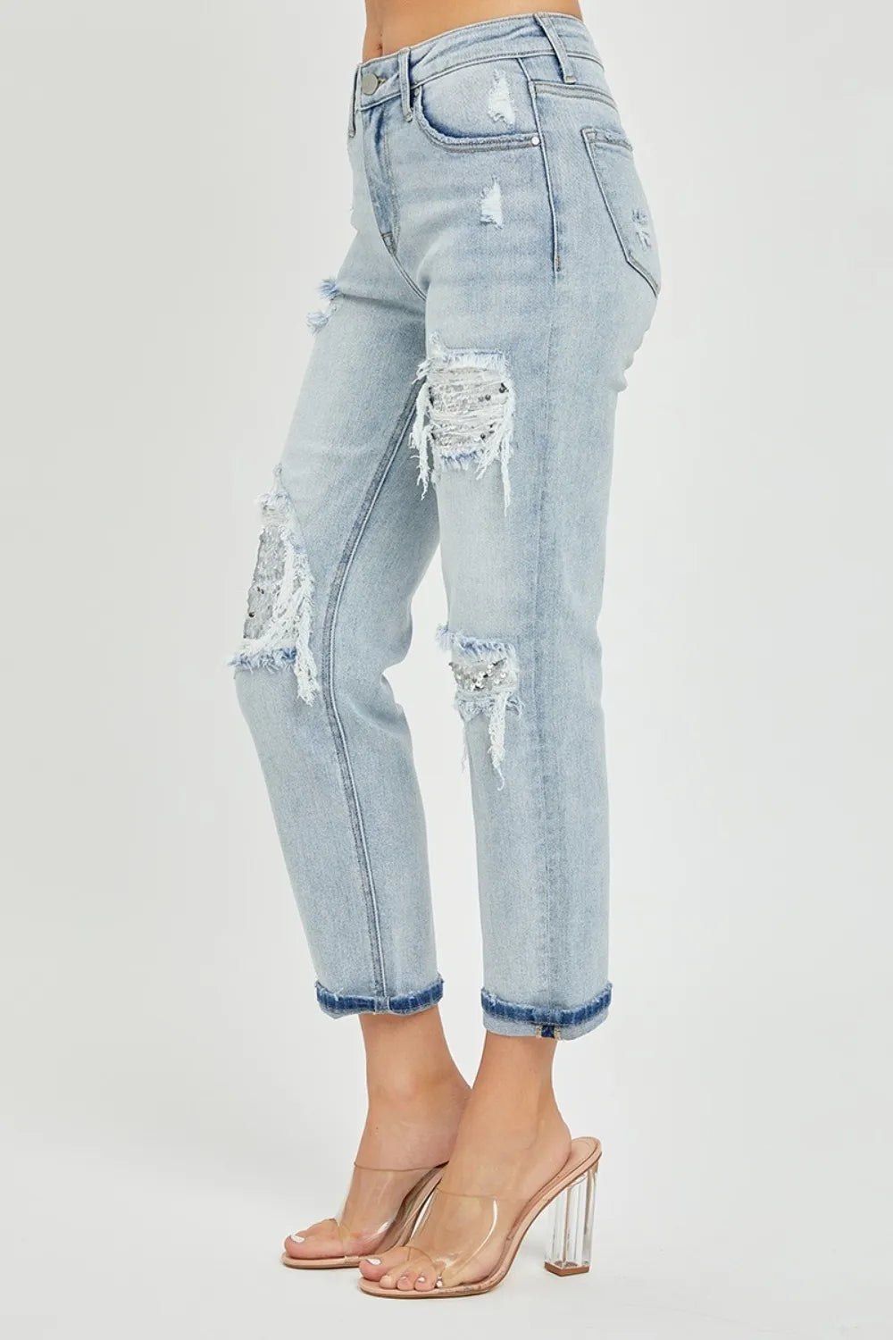 RISEN Mid-Rise Sequin Patched Jeans - Brittney MADE