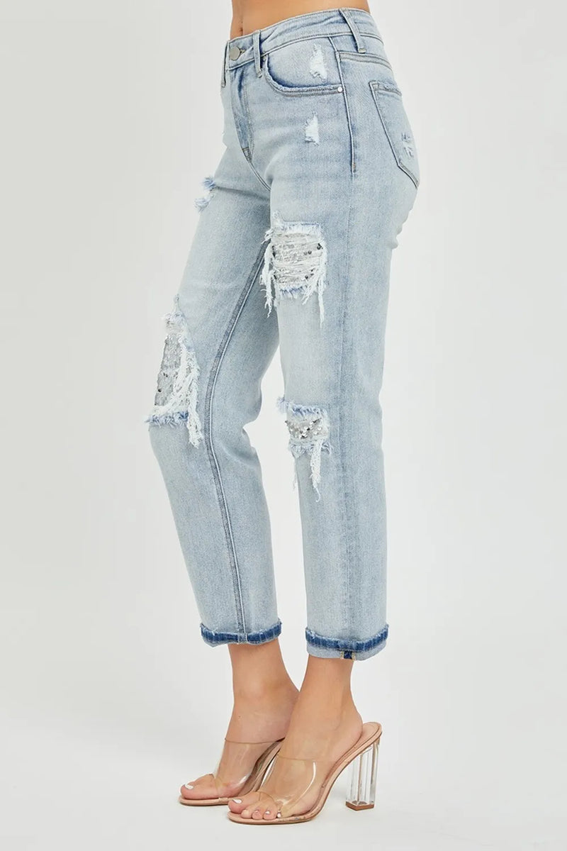 RISEN Mid-Rise Sequin Patched Jeans - Brittney MADE