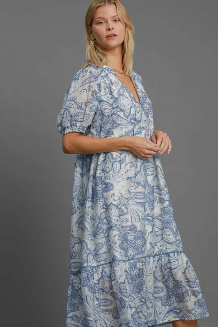 Umgee Full Size Printed Puff Short Sleeve Midi Dress Plus Size - Brittney MADE