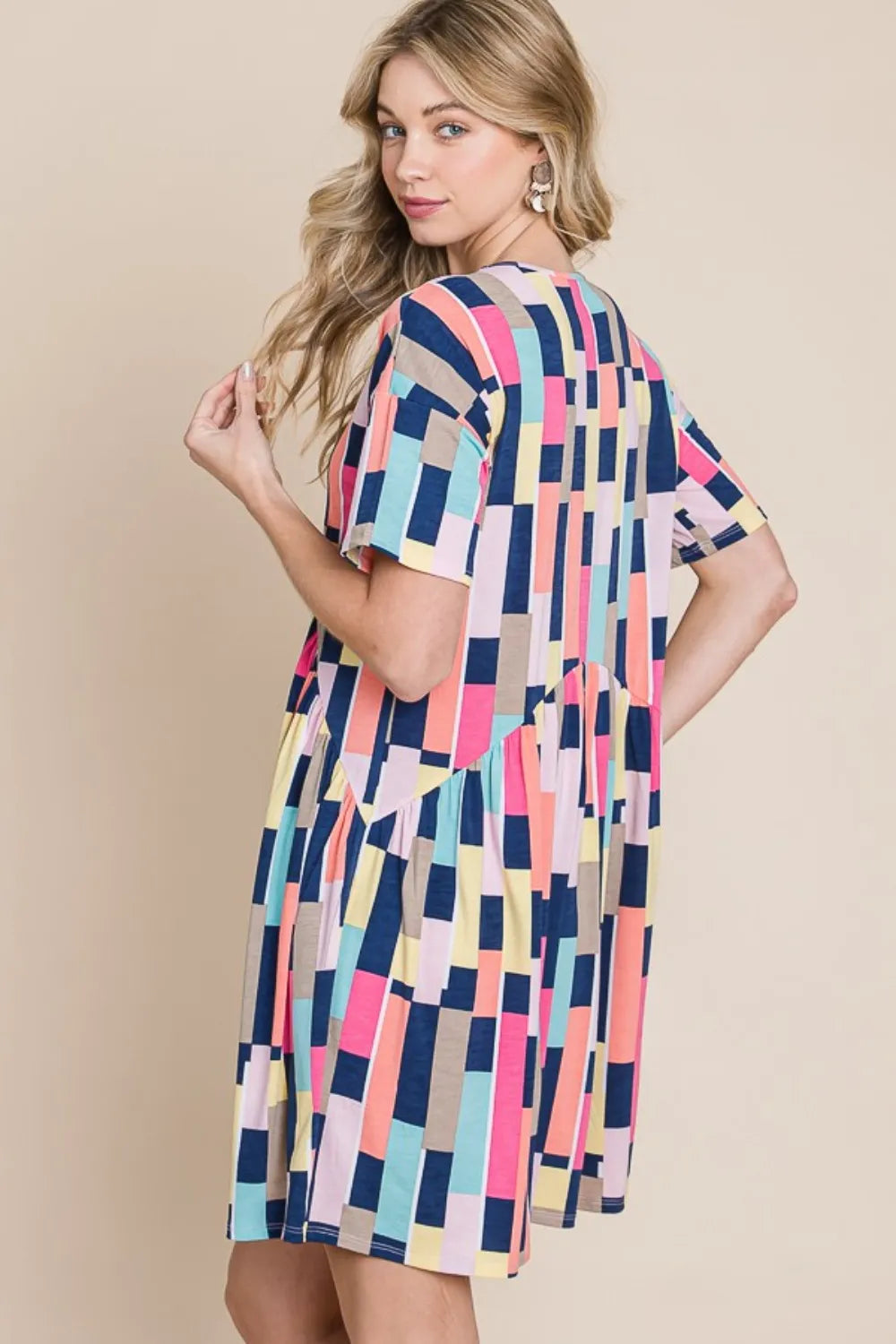 BOMBOM Ruched Color Block Short Sleeve Mini Dress - Brittney MADE