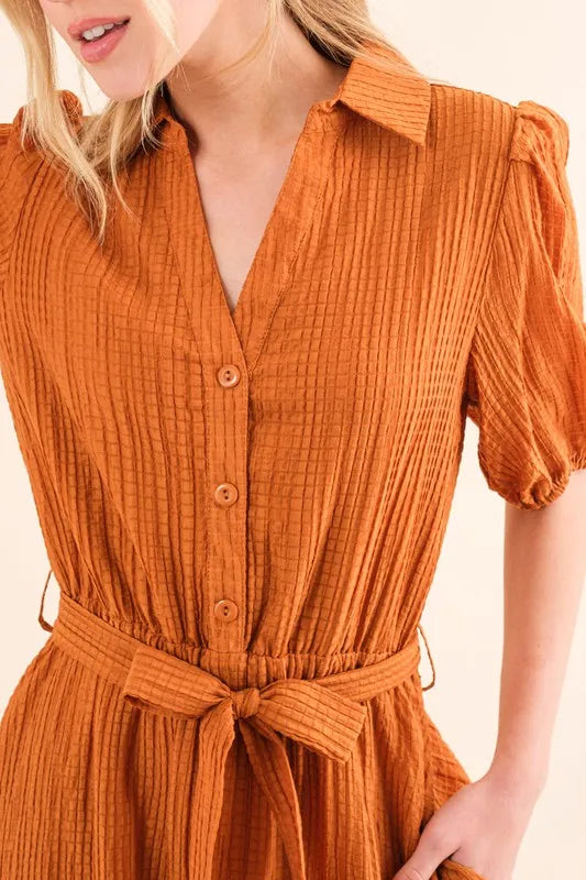 And The Why Waffle Textured Ribbon Waist Midi Dress - Brittney MADE