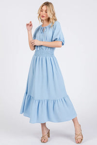 Ces Femme Smocked Elastic Waist Tie Neck Puff Sleeve Dress - Brittney MADE