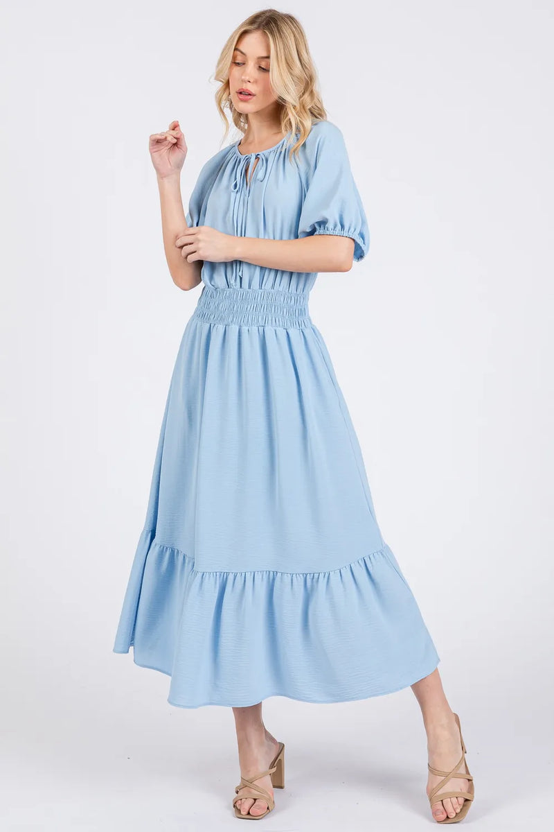 Ces Femme Smocked Elastic Waist Tie Neck Puff Sleeve Dress - Brittney MADE