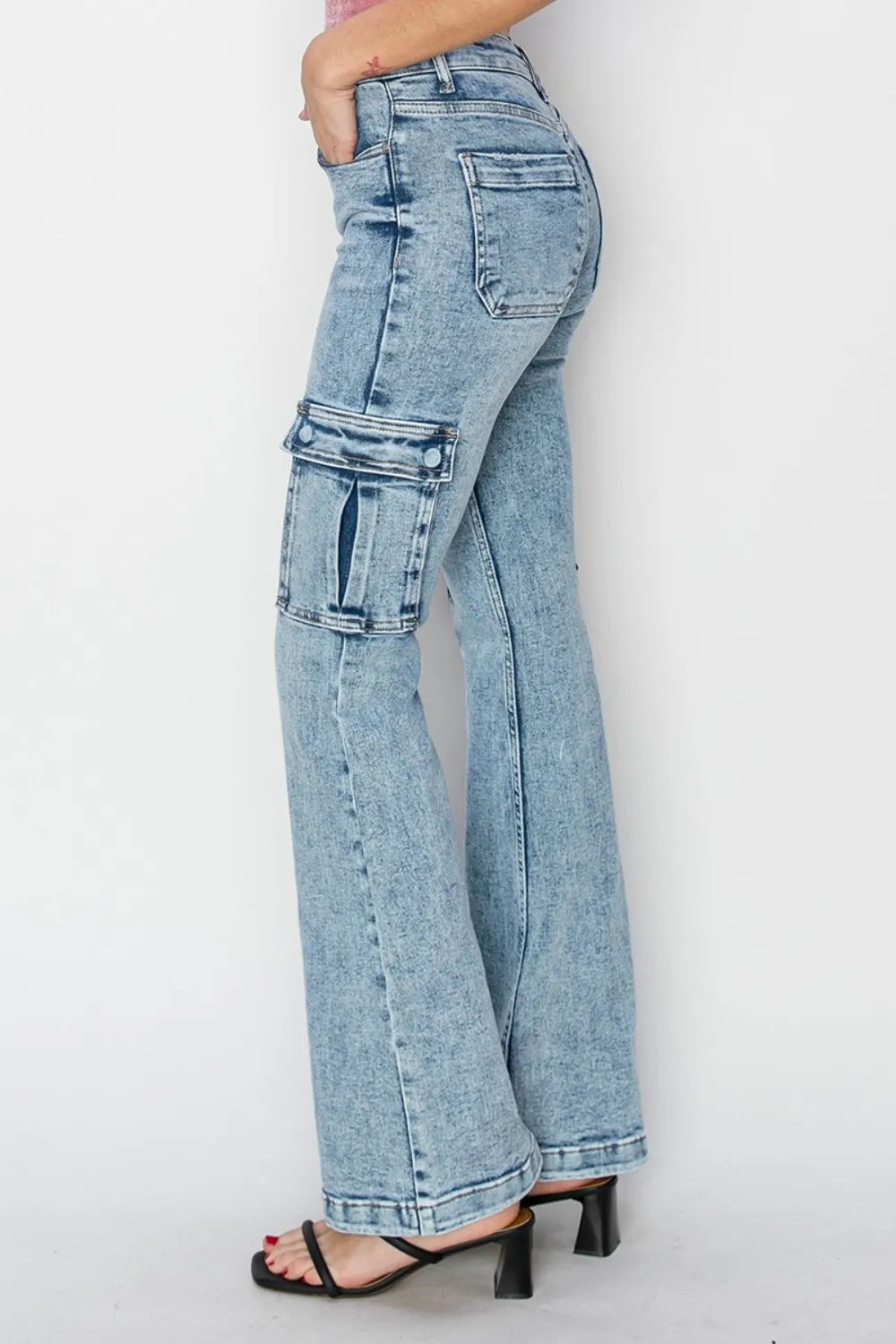 RISEN Full Size High Rise Cargo Flare Jeans - Brittney MADE