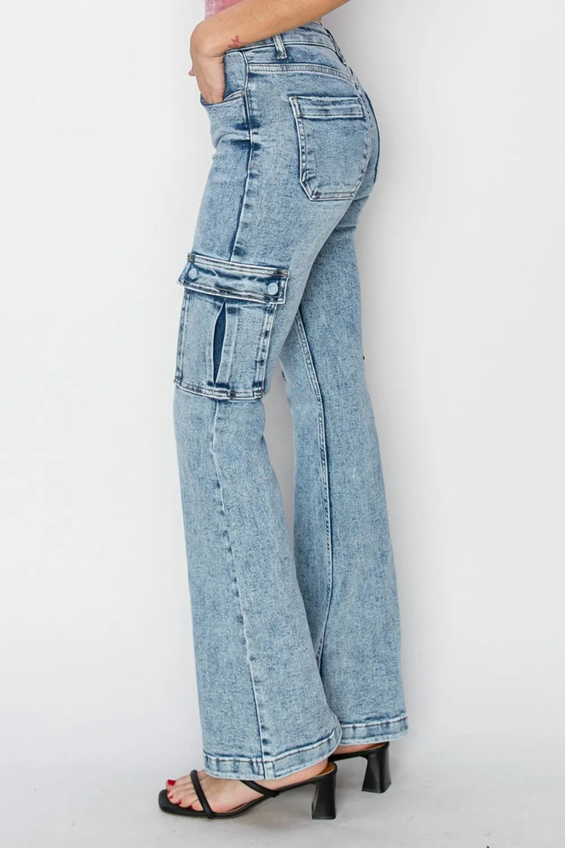 RISEN Full Size High Rise Cargo Flare Jeans - Brittney MADE