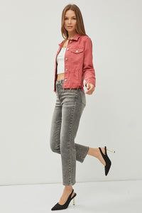 RISEN Full Size Raw Hem Button Up Cropped Denim Jacket Plus Size - Brittney MADE