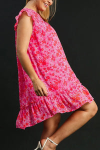 Umgee Full Size Smocked Detail Floral Metallic Ruffle Cap Sleeve Dress Plus Size - Brittney MADE
