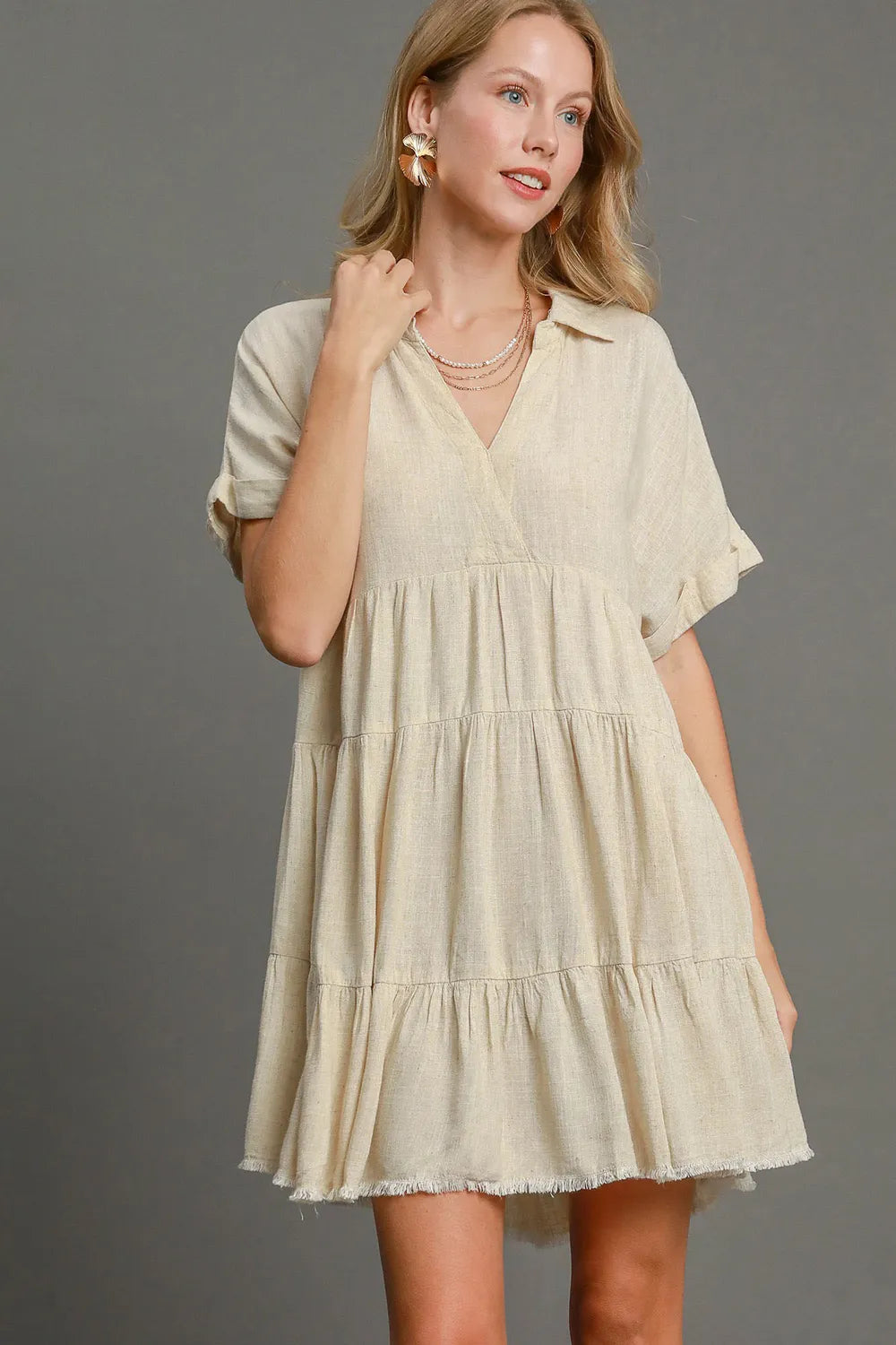 Umgee Full Size Raw Hem Folded Sleeve Tiered Dress Plus Size - Brittney MADE