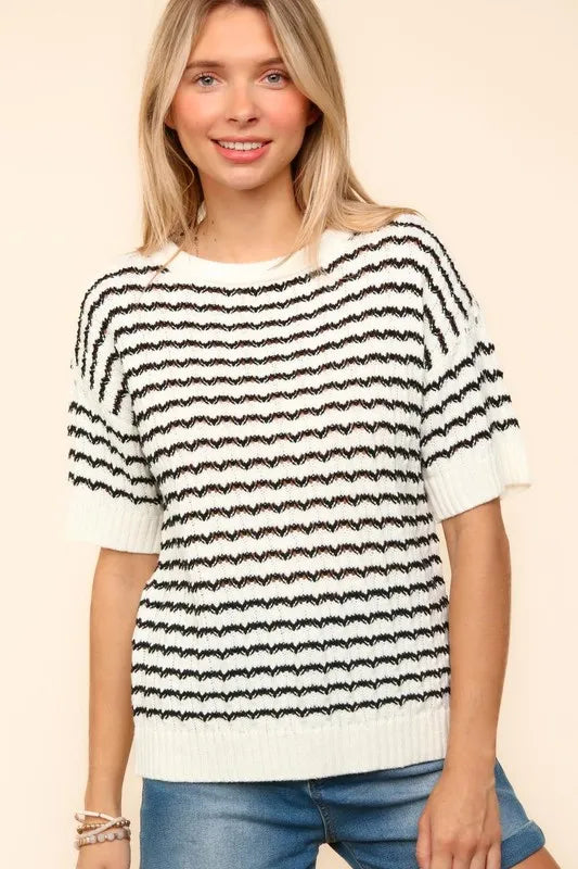 Haptics Openwork Striped Round Neck Half Sleeve Knit Top - Brittney MADE