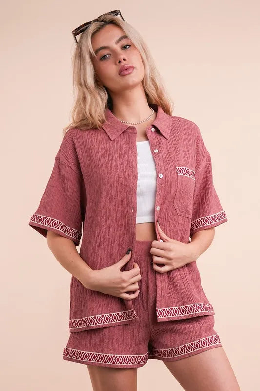 VERY J Crinkled Woven Shirt Top & Shorts Set - Brittney MADE