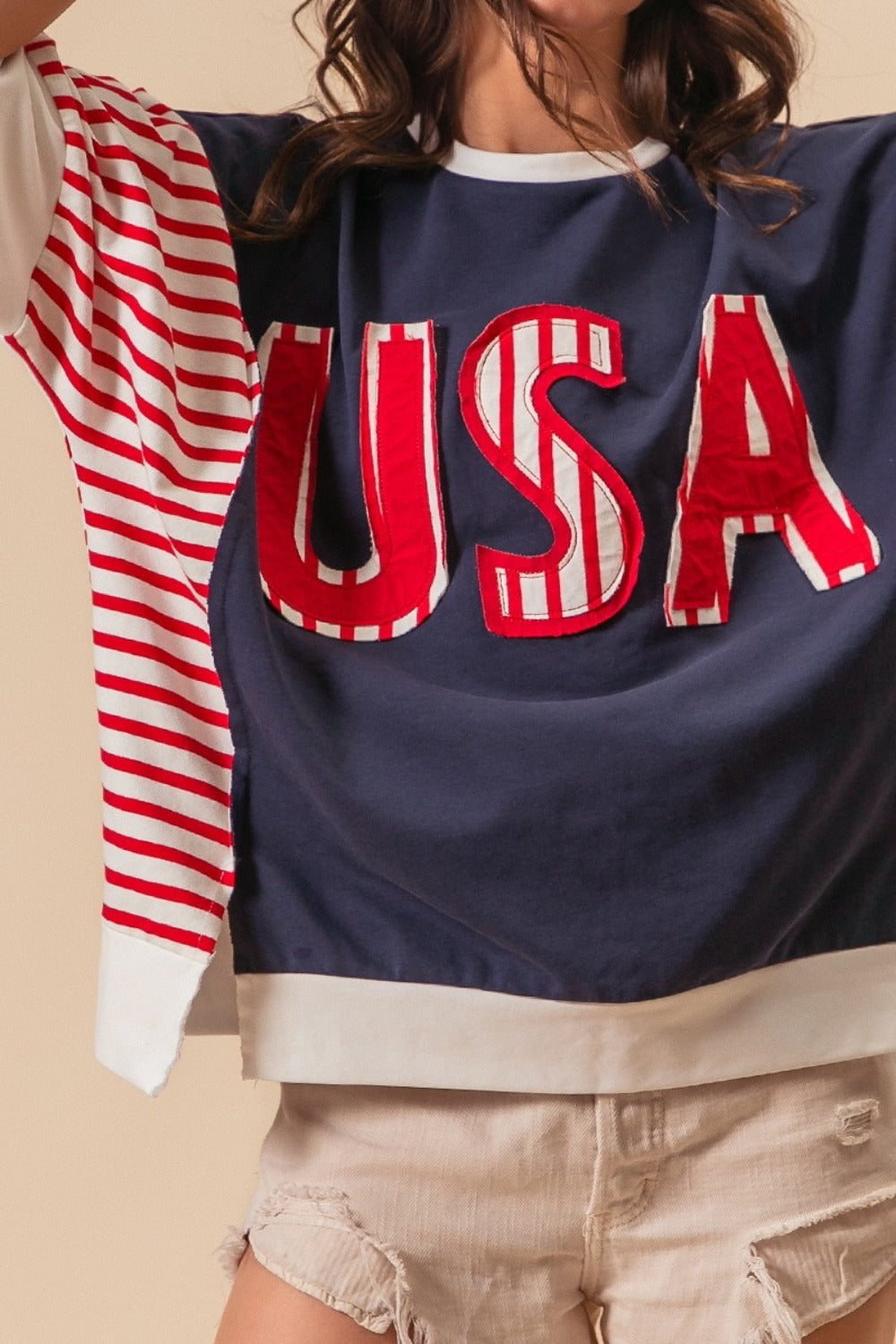 BiBi USA Letter Patchwork Contrast Short Sleeve T-Shirt - Brittney MADE